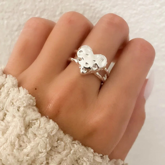 925 Sterling Silver Textured Foil Heart Ring Geometric Ring Silver Heart Ring - Picture 1 of 7